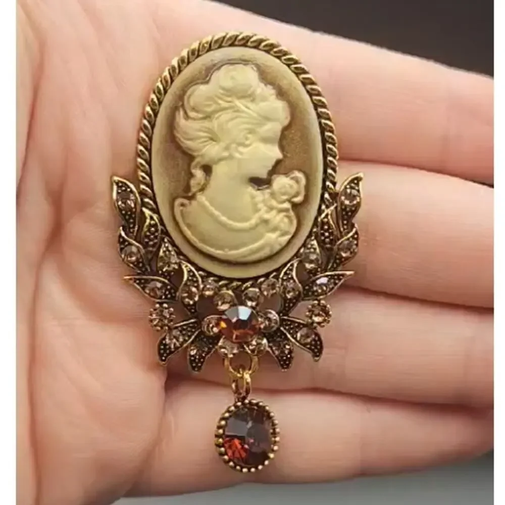 Beige Cameo Dangle Brooch Faux Jewel and Rhinestone Elegant
